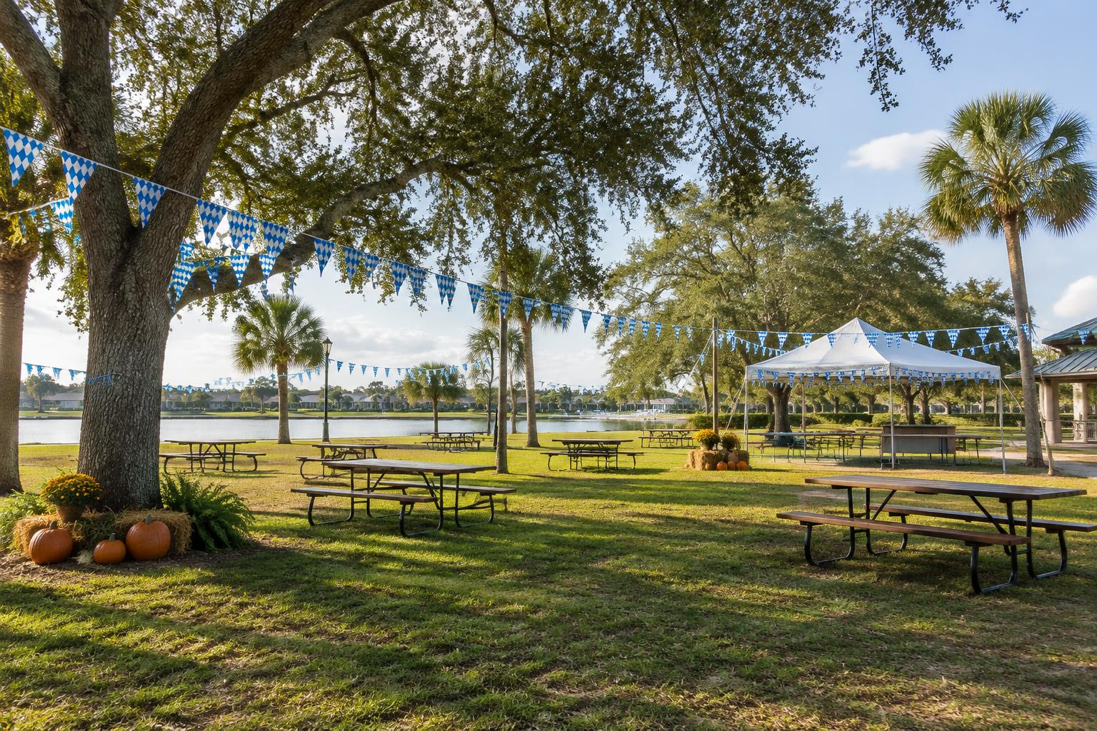 An illustrative people-free fall festival lawn with picnic tables, pumpkins and blue-and-white bunting