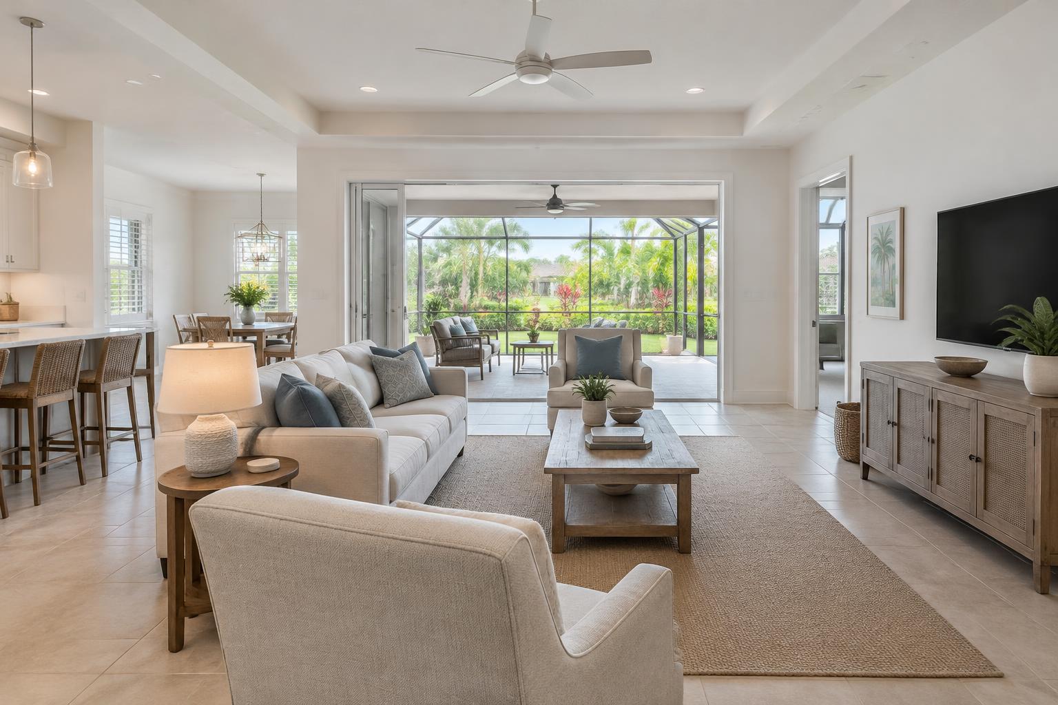 An open-plan Southwest Florida home looking toward a screened lanai and garden