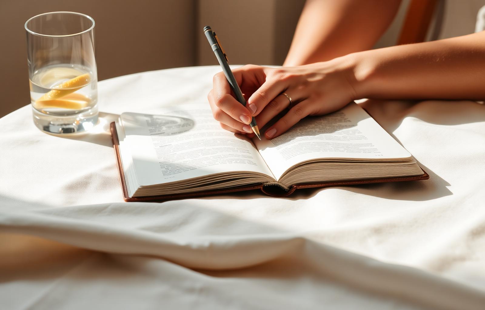 Hands writing in a journal in soft morning light
